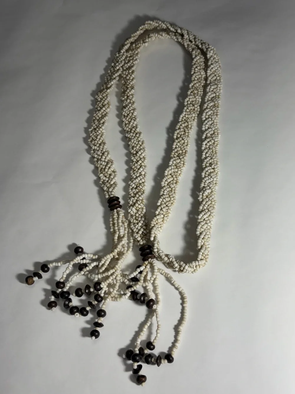 Vintage Braided Glass Seed Bead Tie Belt Cream White Wood Bead Tassels 60